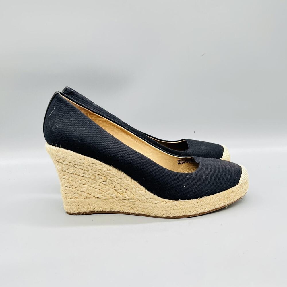 J Crew Shoes Womens 9 Black Linen Espadrille Wedge Dress Heels Round Toe Slip On